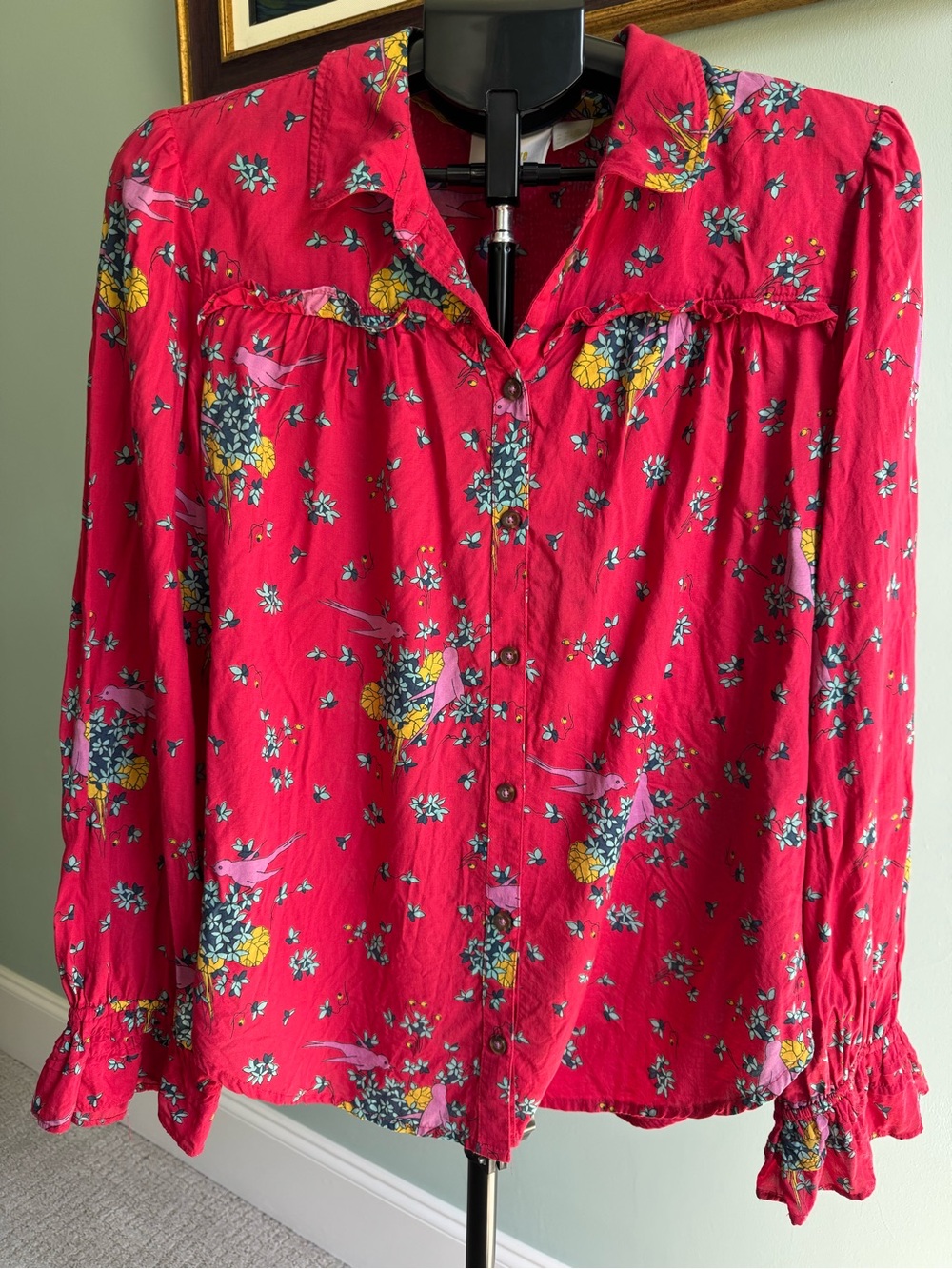 Maeve by Anthropologie Red Floral Bird Ruffle Blouse Size 14